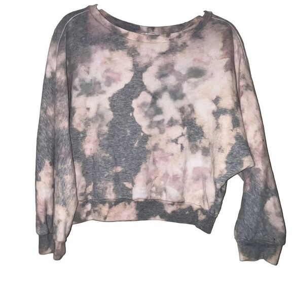 Levi’s Cropped Sweatshirt Wmn Sz L Gray Pink Tie Dye Long Sleeve Crew Hippie EUC - Picture 1 of 9